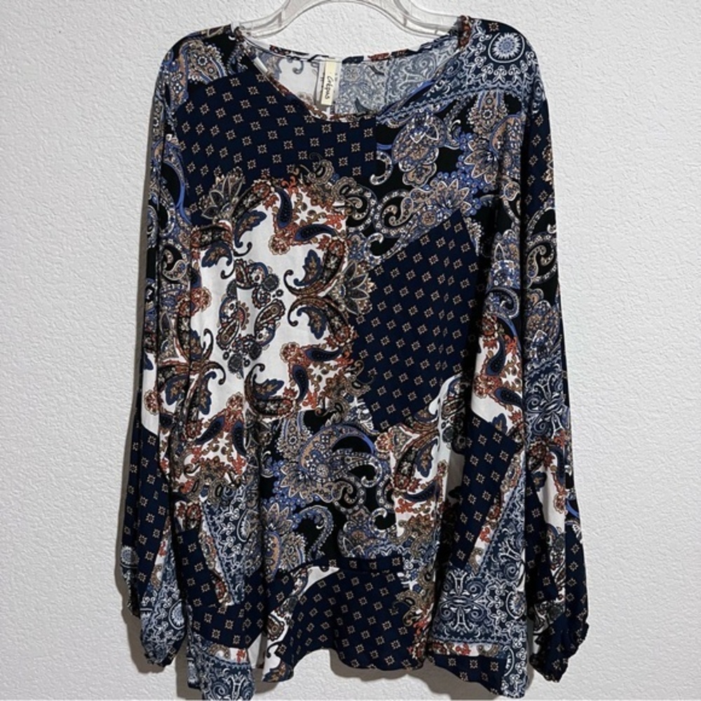Crepas Navy Gold White Paisley Patchwork Boho Indie Blouse Ruffled Hem New 3XL